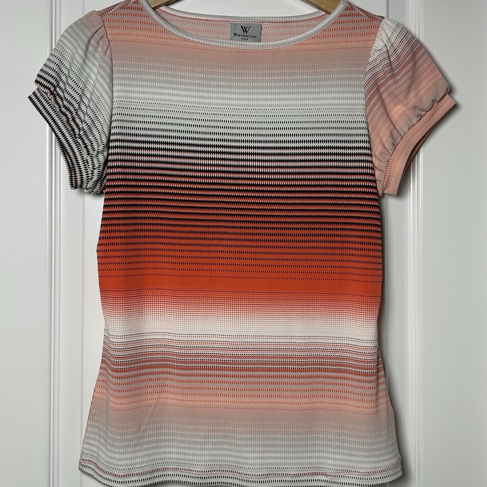 Worthington Orange Gray Ombre Stripe Puff Sleeve Top Missoni-Inspired Style